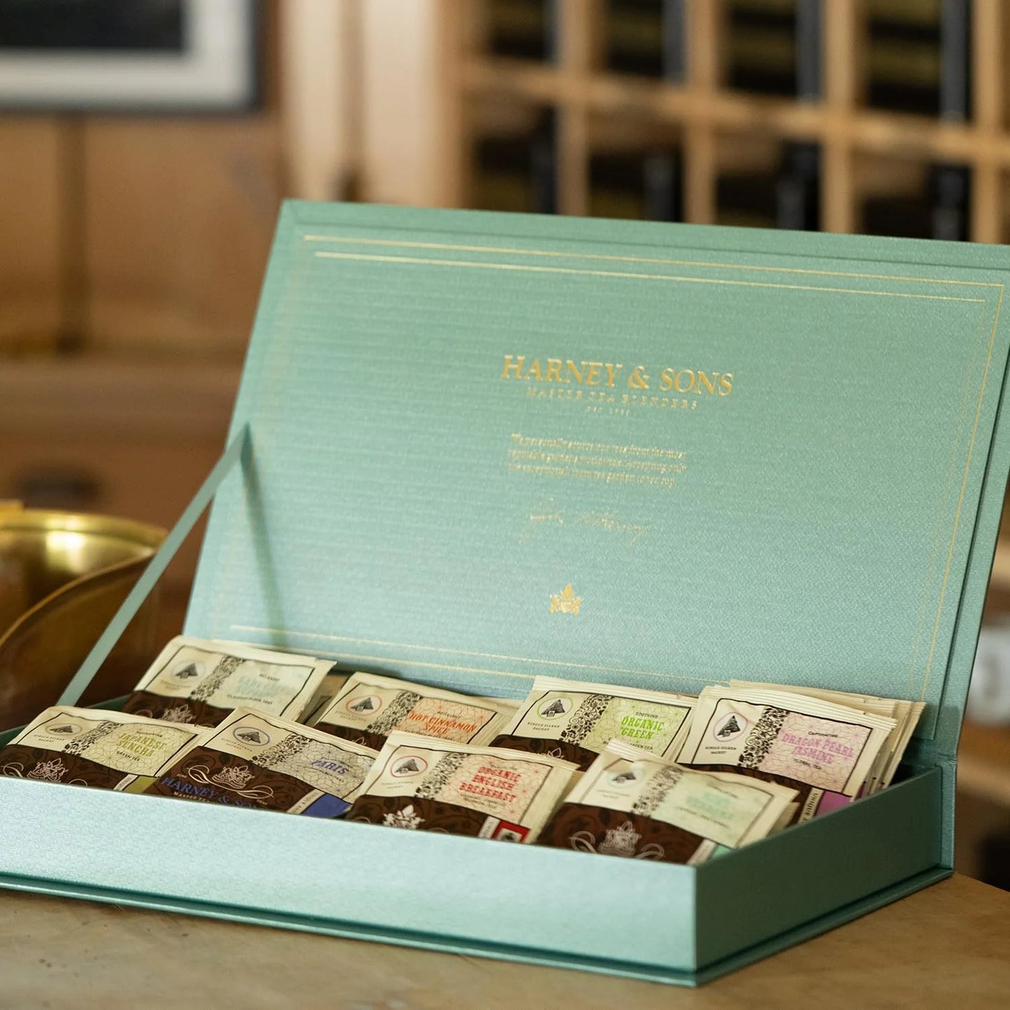 Harney & Sons Teal Tea Chest Gift, 32 Wrapped Sachets, 8 Flavors