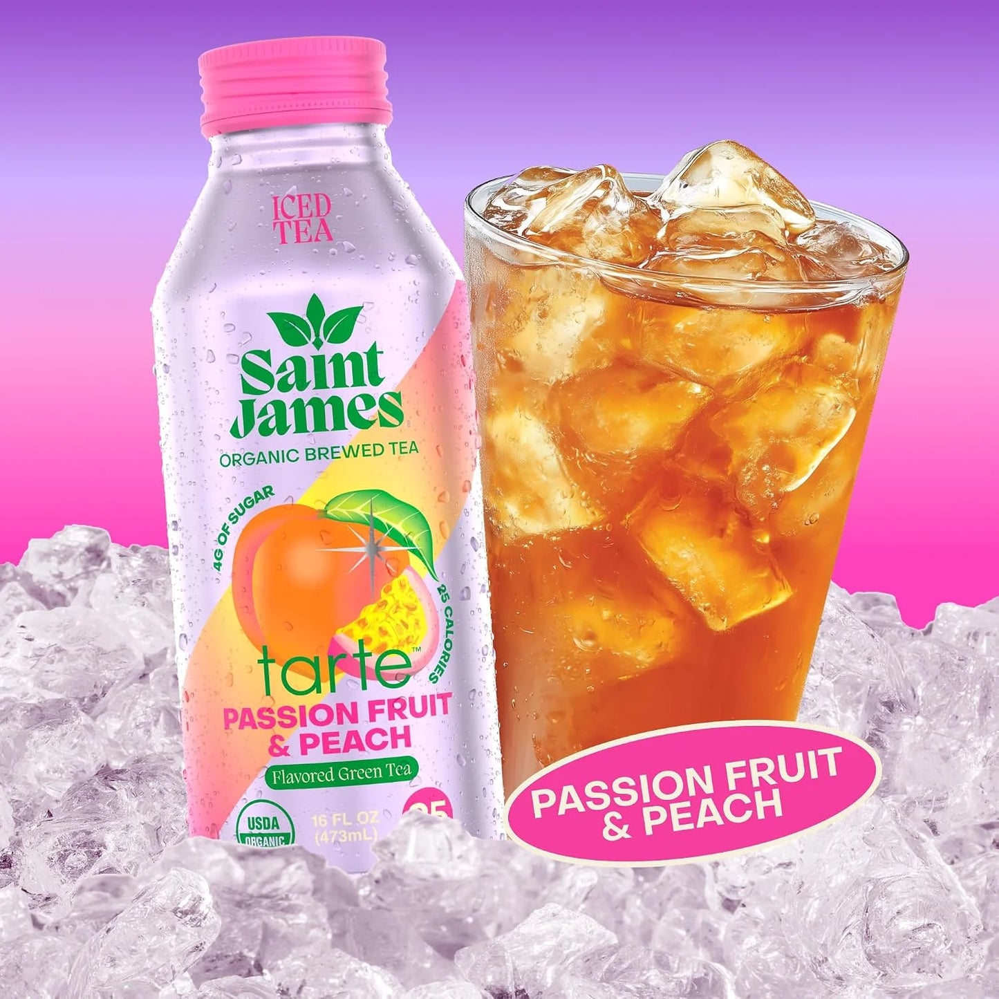 Saint James x Tarte Passion Fruit & Peach Organic Green Tea, 16 Oz, 12 Pack