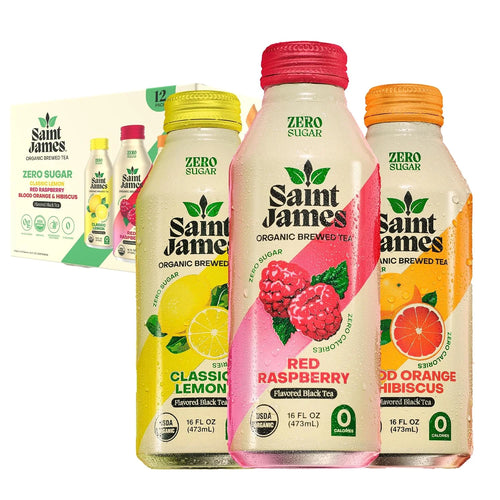 Saint James Iced Tea Organic Black Tea, Variety Flavors, 12 Pack (16 fl oz)