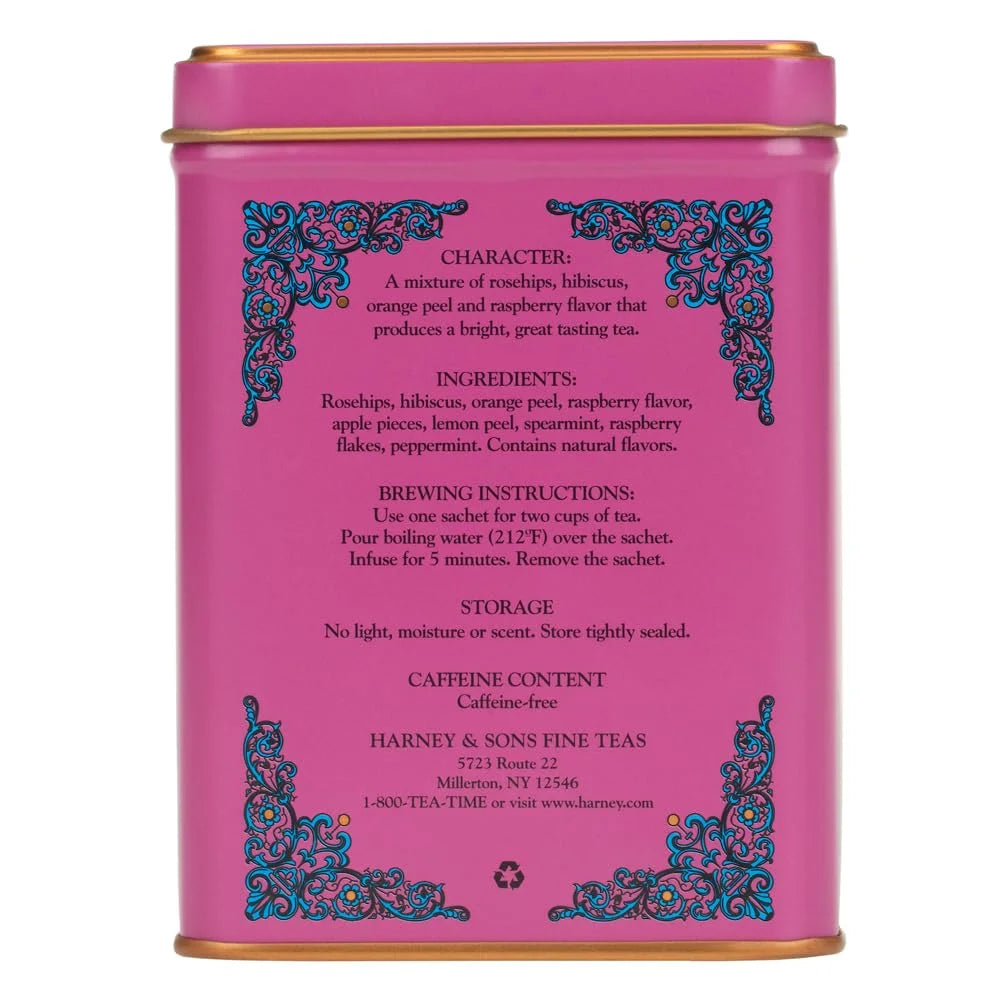 Harney & Sons HT Raspberry Herbal Tea, Caffeine Free, 20 Sachets Tin (Pack of 2)