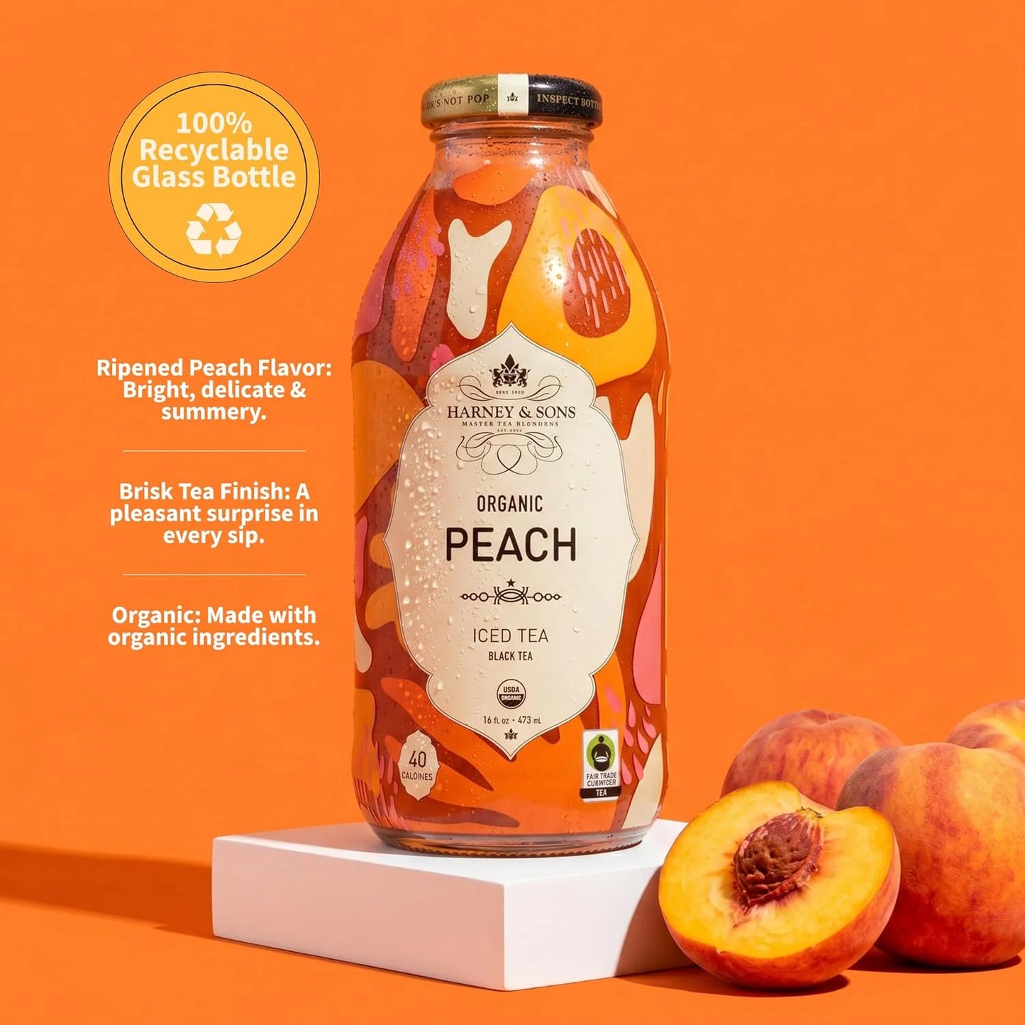 Harney & Sons Peach Black Iced Tea, 12 Glass Bottles, 16 fl oz