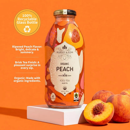 Harney & Sons Peach Black Iced Tea, 12 Glass Bottles, 16 fl oz