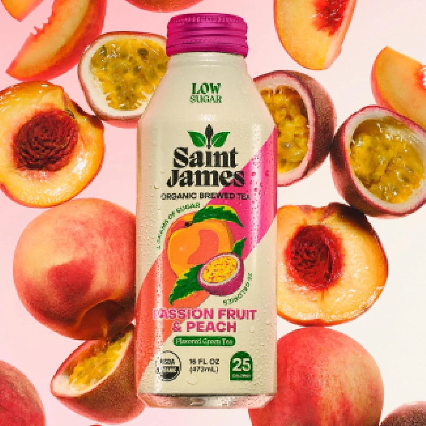 Saint James Passion Fruit & Peach Organic Green Tea, 16 Oz, 12 Pack