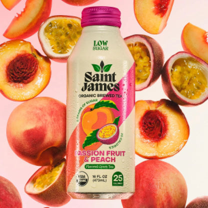 Saint James Passion Fruit & Peach Organic Green Tea, 16 Oz, 12 Pack
