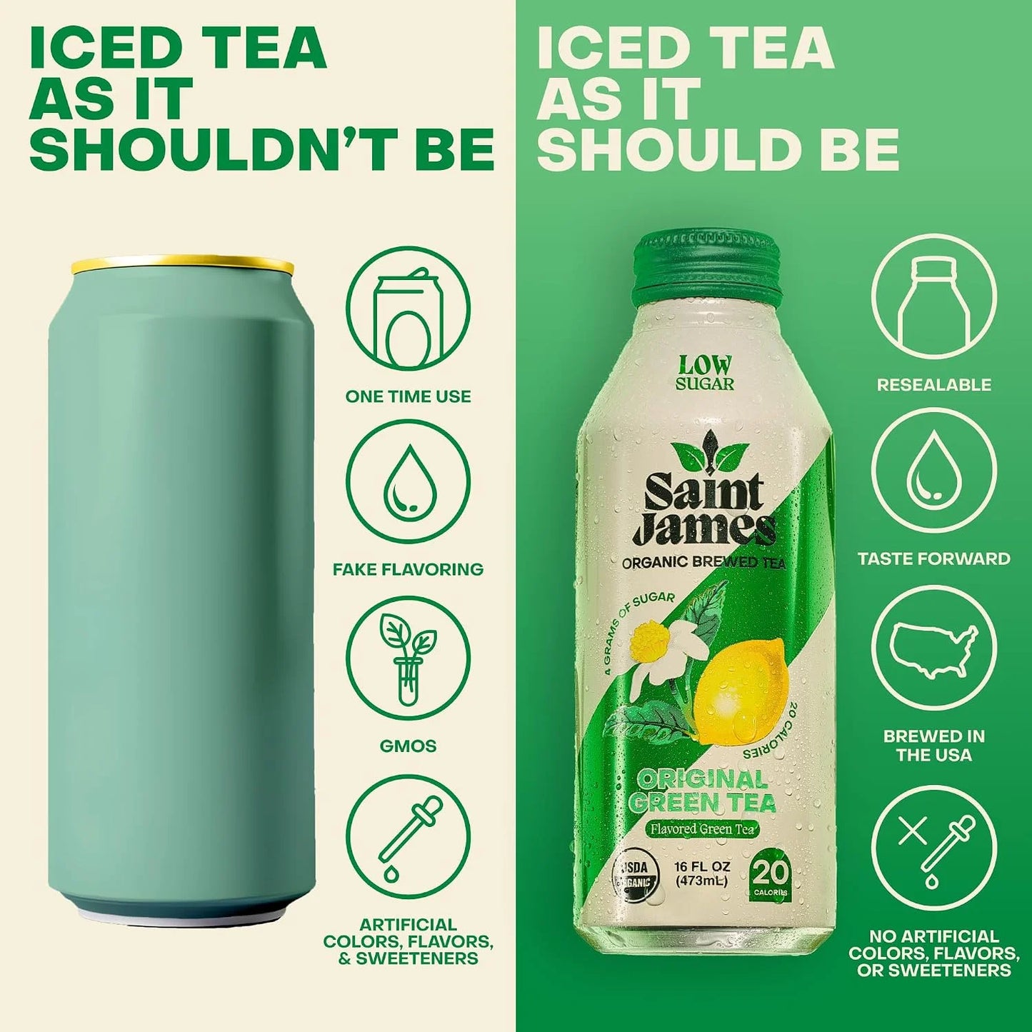 Saint James Iced Tea Organic Green Tea, Original Green Tea, 12 Pack