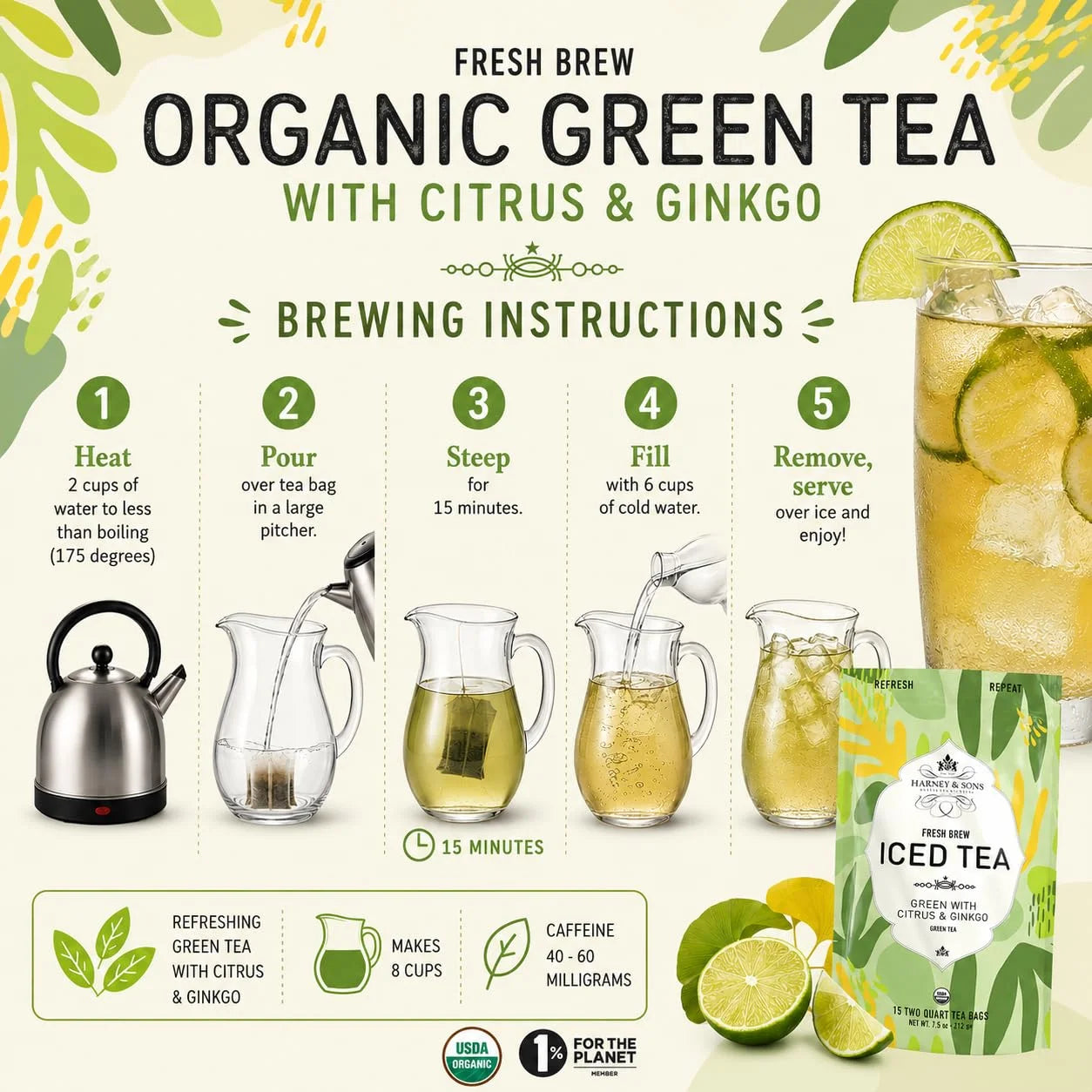 Harney & Sons Fresh Brew Organic Green Iced Tea, 15 Tea Bags