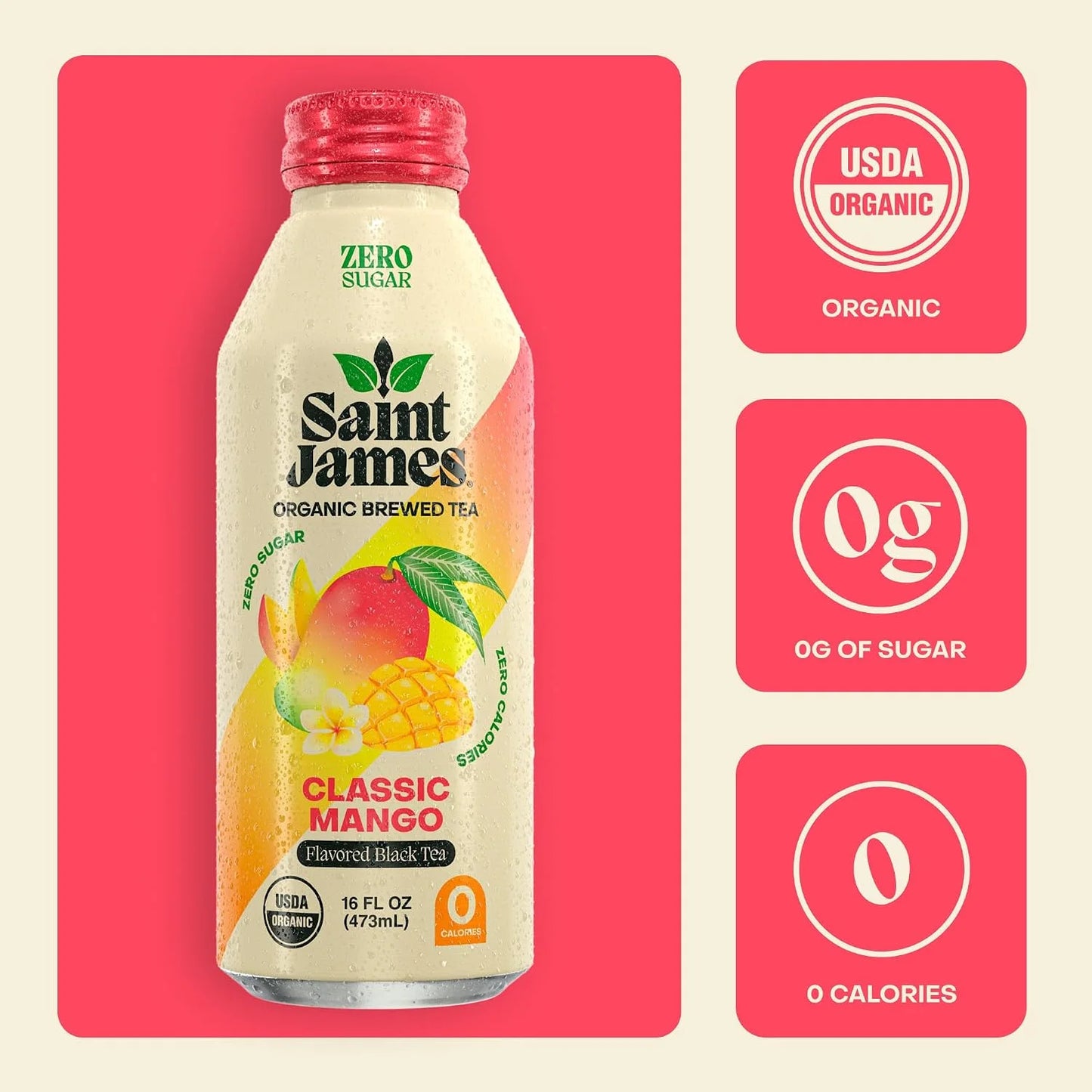Saint James Iced Tea Organic Black Tea, Classic Mango, 12 Pack (16 fl oz)