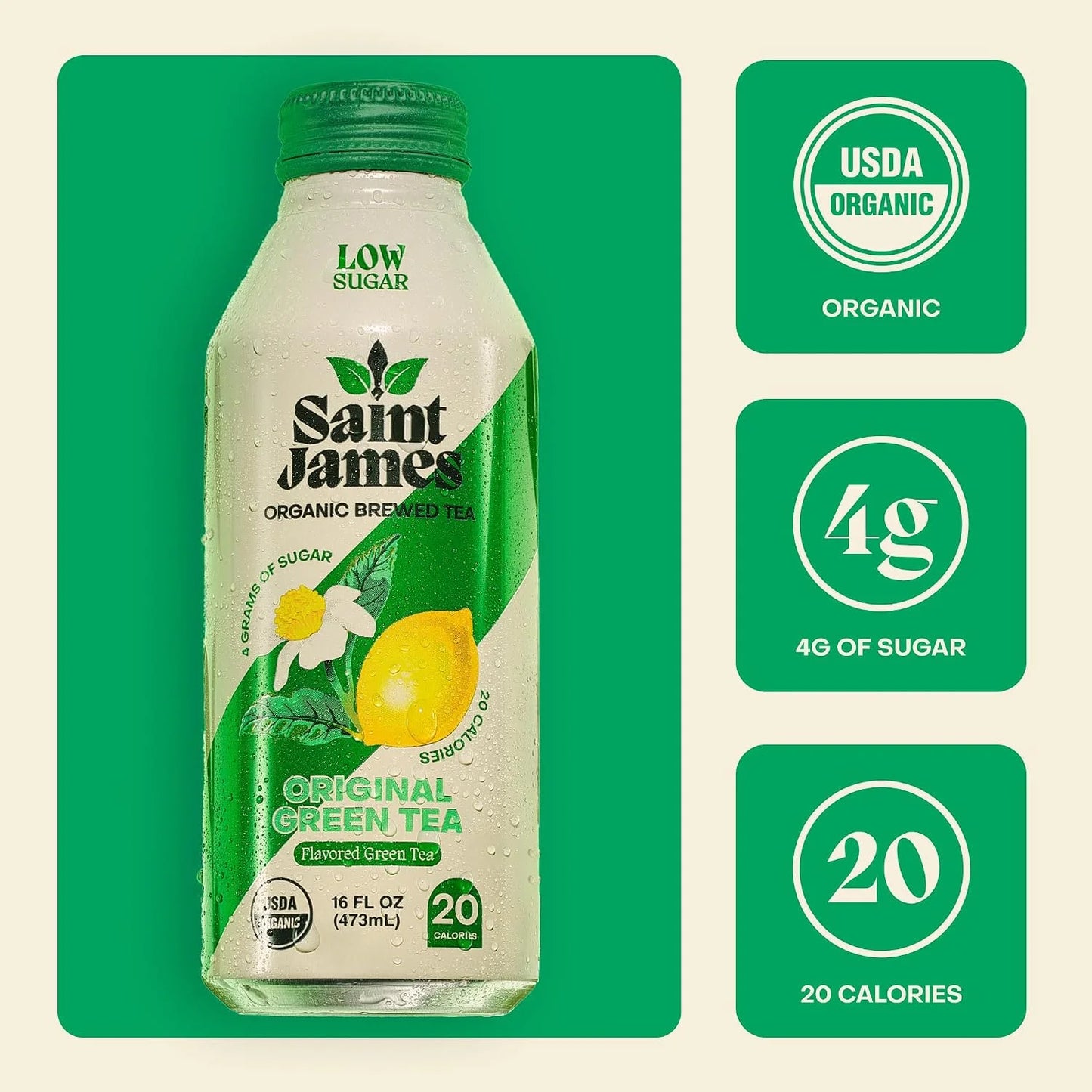 Saint James Iced Tea Organic Green Tea, Original Green Tea, 12 Pack