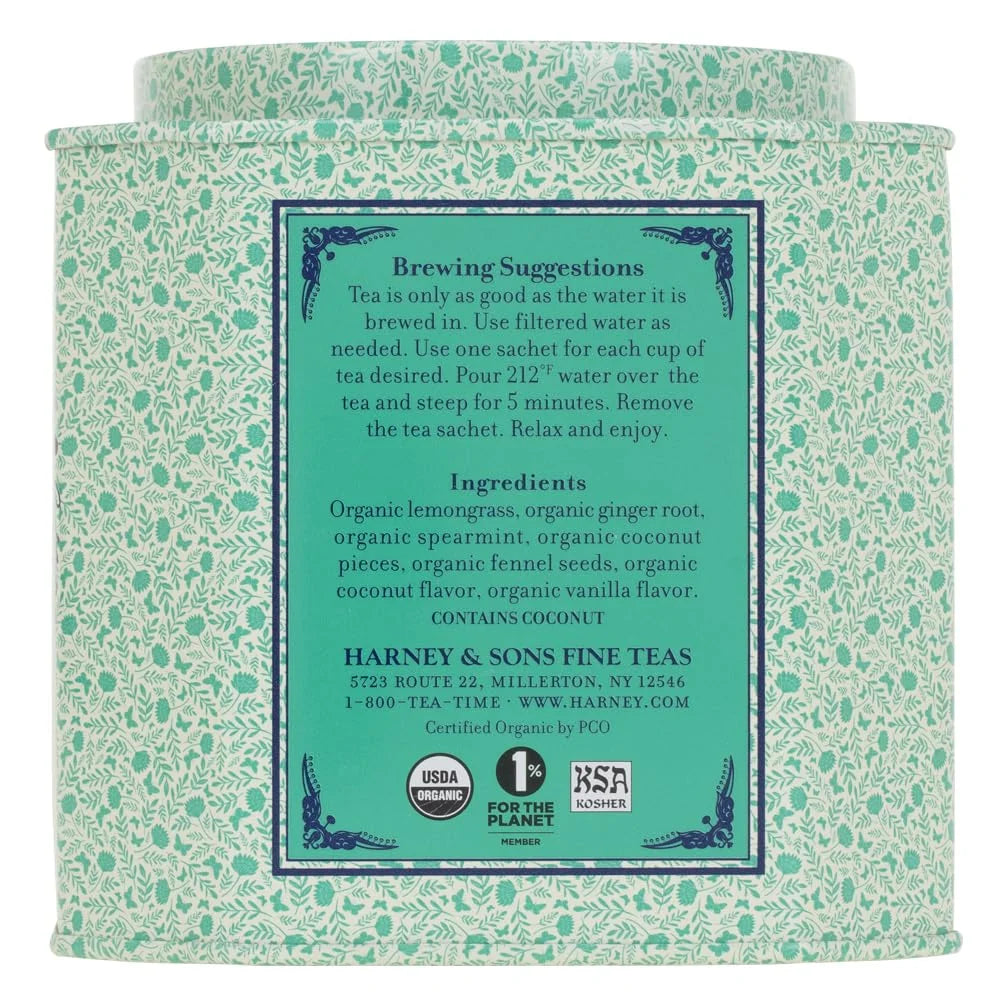 Harney & Sons Organic Coconut Mint Herbal Tea, 30 Sachets in Tin