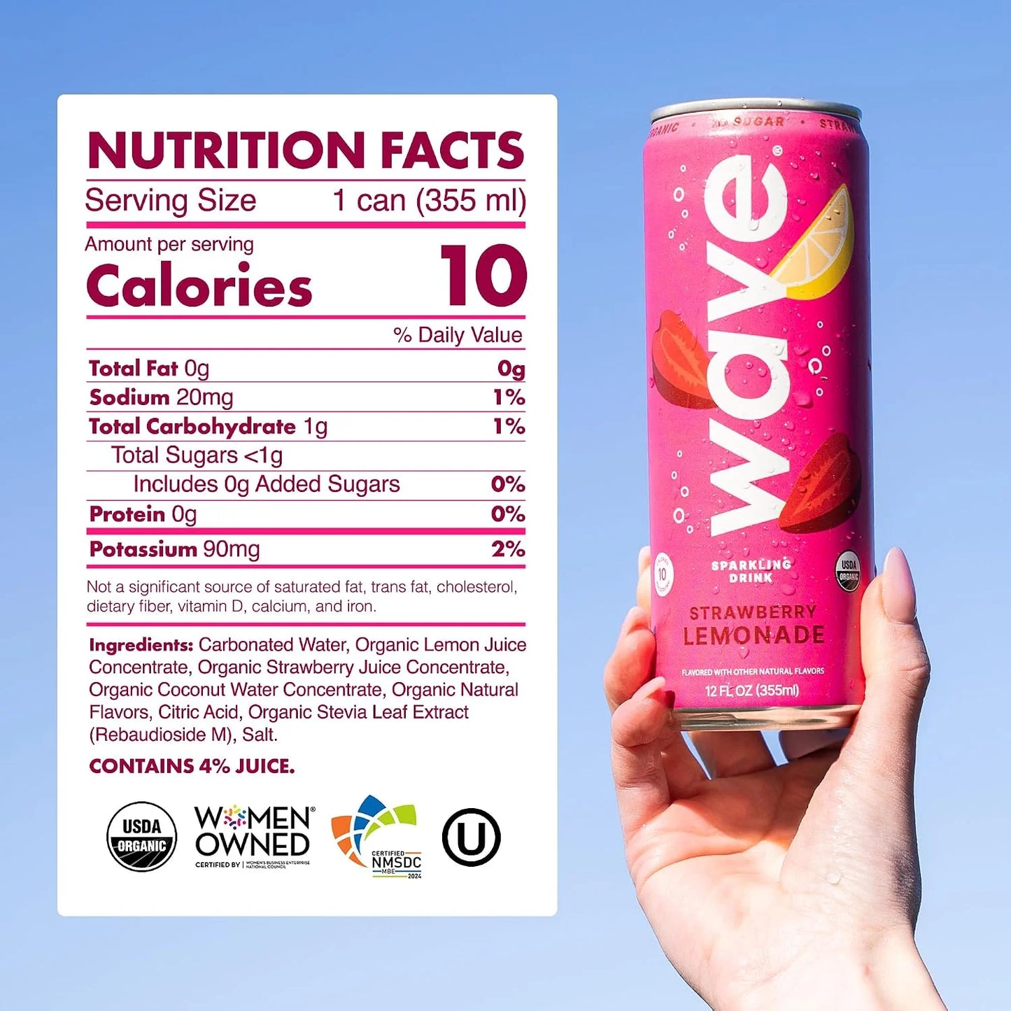 WAVE Organic Sparkling Drink, Soda Alternative, Strawberry Lemonade