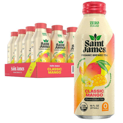 Saint James Iced Tea Organic Black Tea, Classic Mango, 12 Pack (16 fl oz)