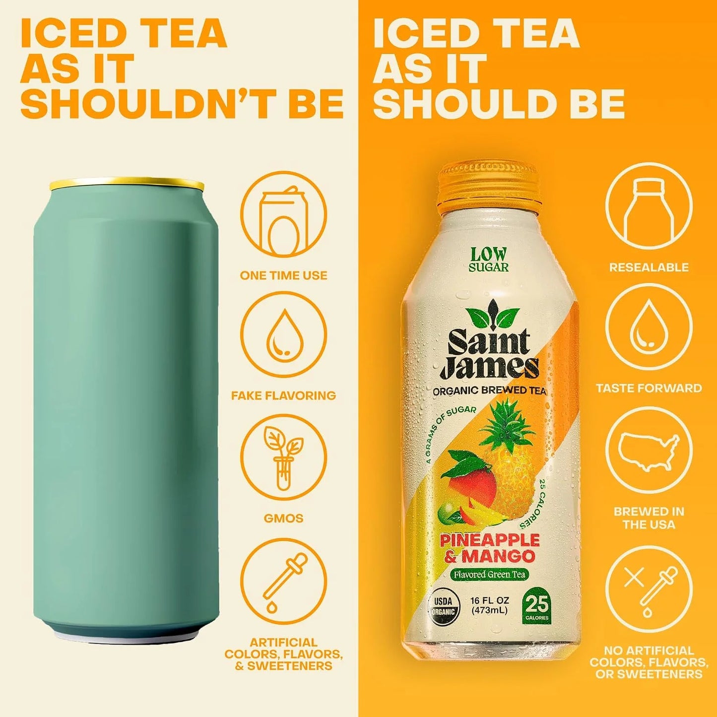 Saint James Pineapple & Mango Organic Green Tea, Low Sugar, 16 Oz, 12 Pack