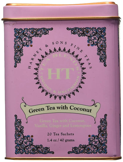 Harney and Sons Fine Teas, Green Tea with Coconut, 20 Sachets (Pack of 3)