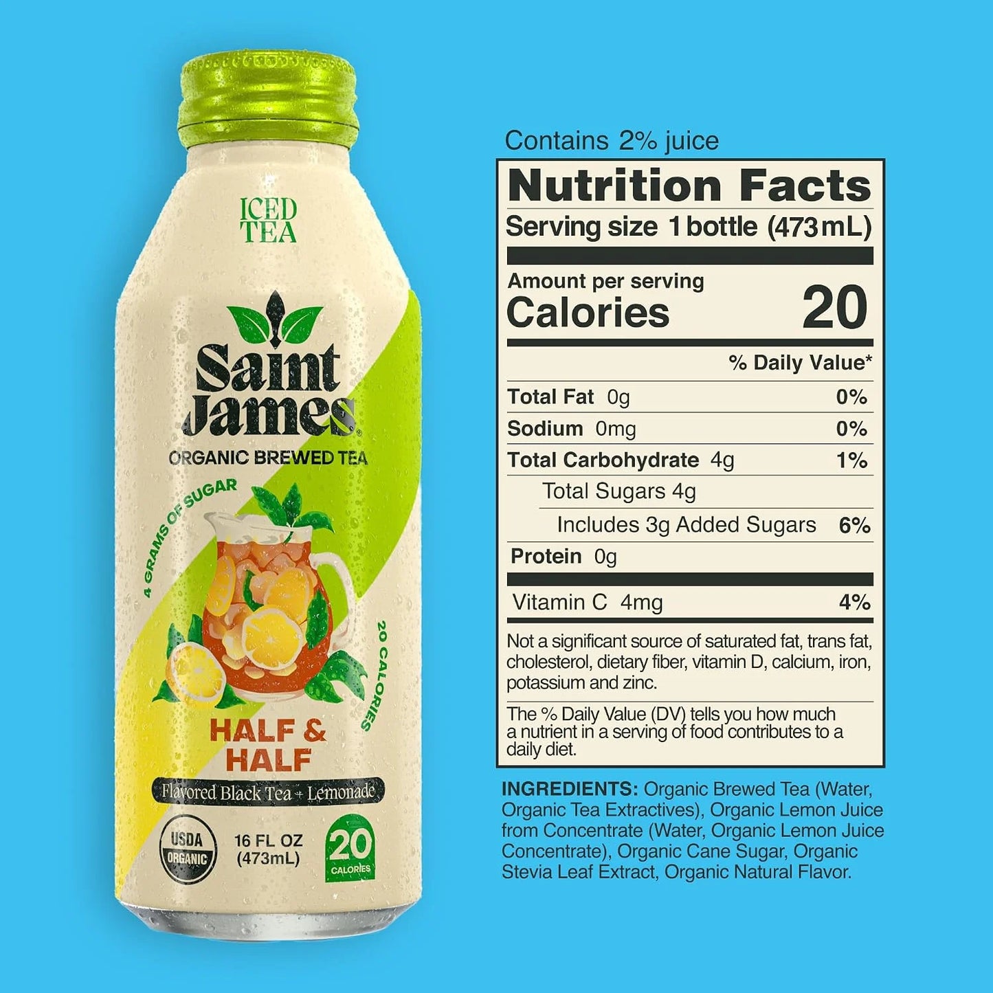Saint James Iced Tea Organic Black Tea & Lemonade, Half & Half, 12 Pack