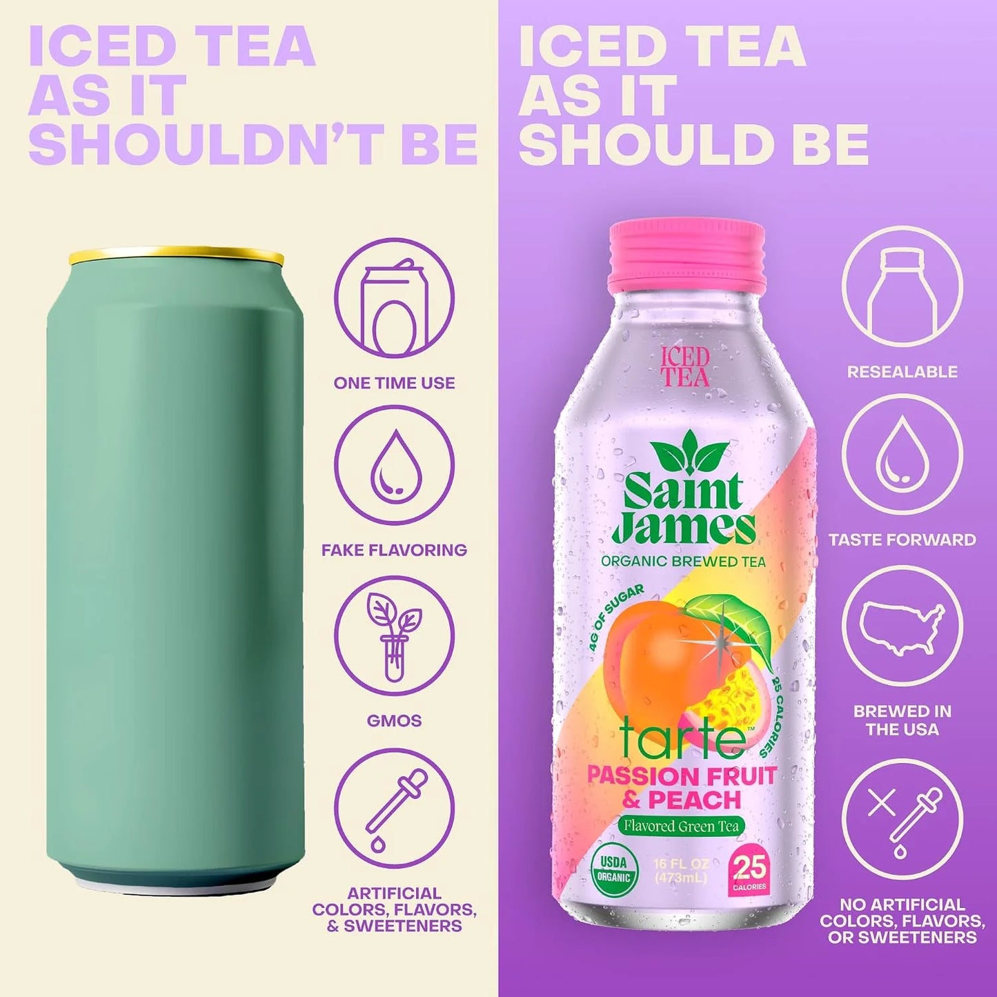 Saint James x Tarte Passion Fruit & Peach Organic Green Tea, 16 Oz, 12 Pack