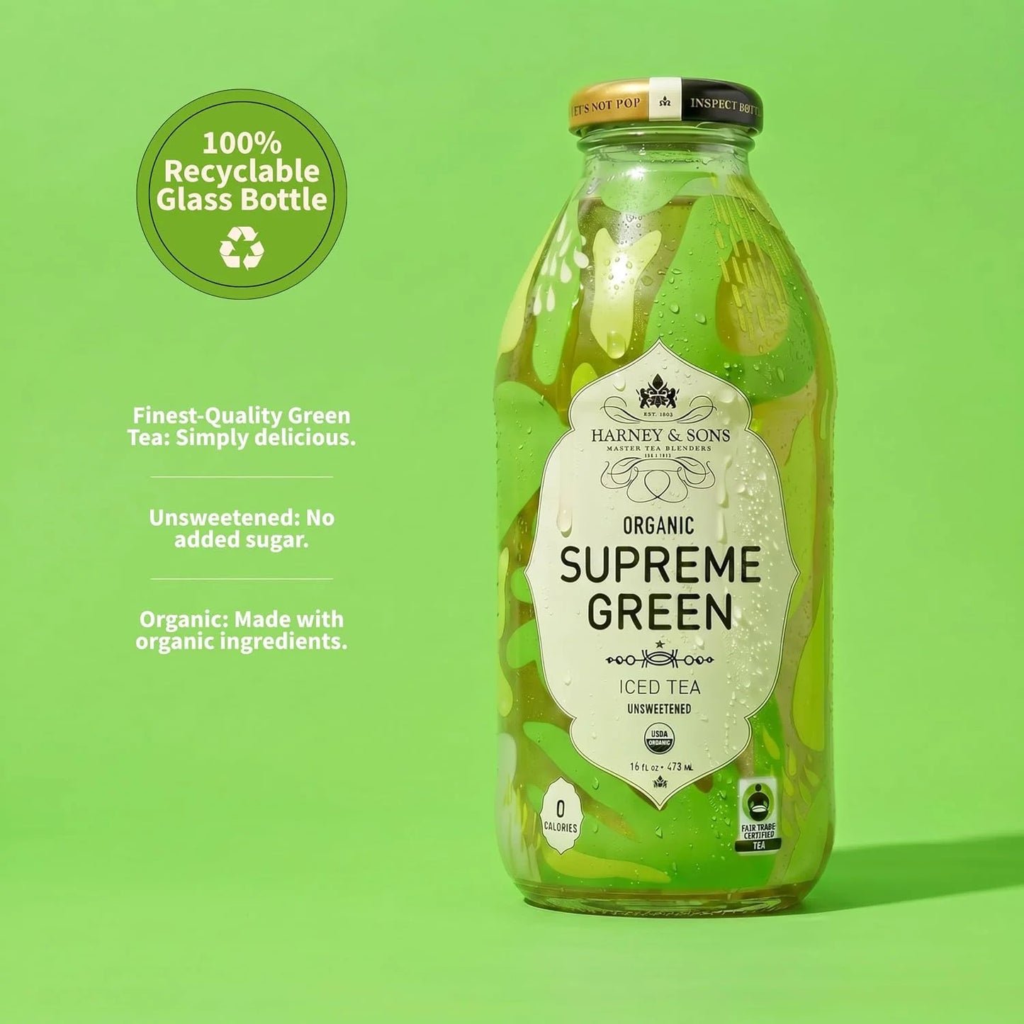 Harney & Sons Organic Supreme Green Iced Tea, 12 glass bottles, 16oz