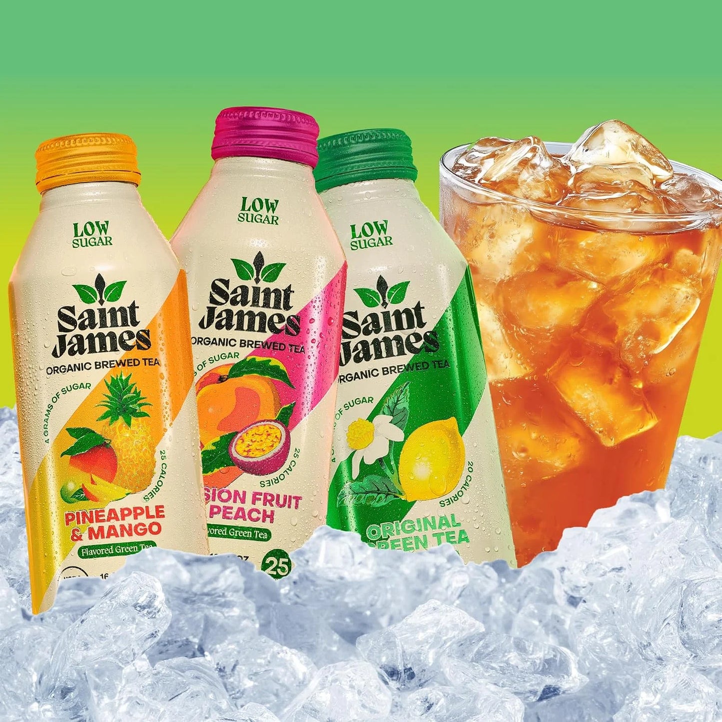 Saint James Organic Green Tea Variety, Low Sugar, 16 Oz, 12 Pack
