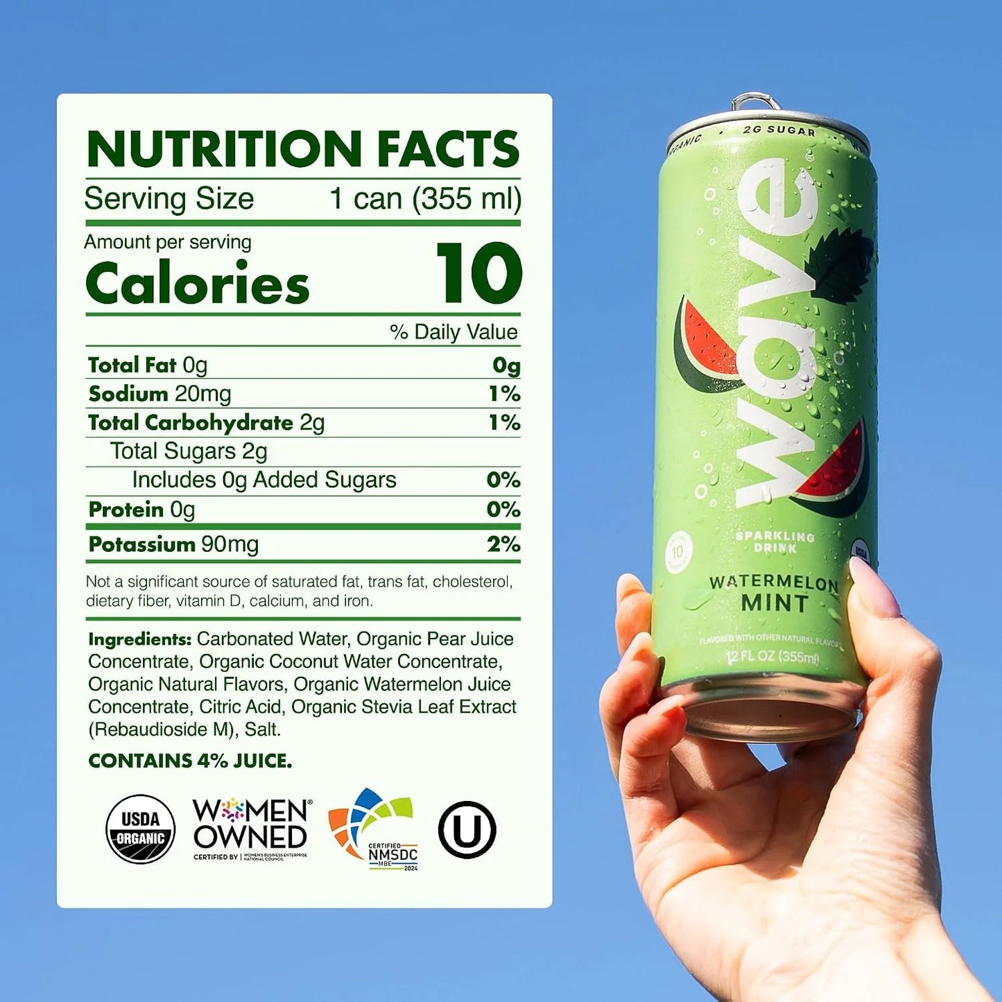 WAVE Organic Sparkling Drink, Soda Alternative, Watermelon Mint