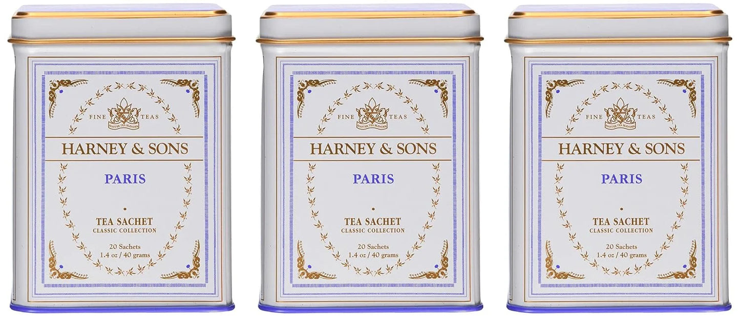 Harney & Sons Paris Black Tea Sachet Collection, All Natural - Classic Tin of 20 Sachets, 1.4 Ounce 20 Count (Pack of 3)