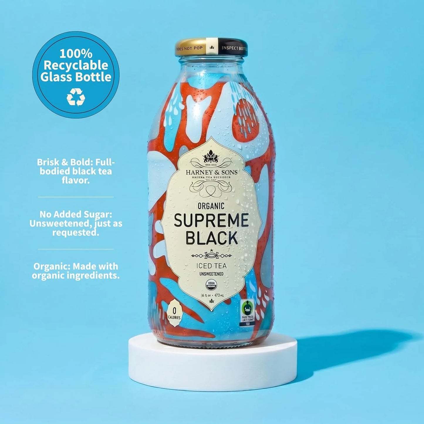 Harney & Sons Organic Supreme Black Iced Tea, 12 Glass Bottles, 16 oz