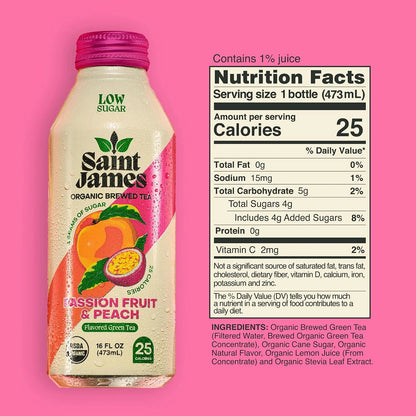 Saint James Passion Fruit & Peach Organic Green Tea, 16 Oz, 12 Pack