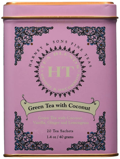 Harney and Sons Fine Teas, Green Tea with Coconut, 20 Sachets (Pack of 3)