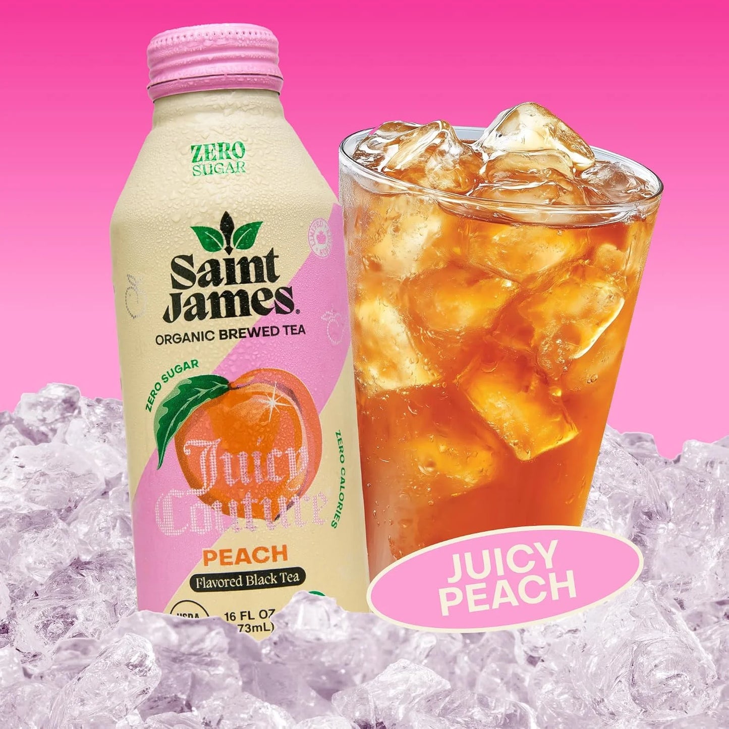 Saint James x Juicy Couture Juicy Peach Organic Black Tea, 16 Oz, 12 Pack
