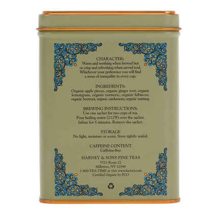 Harney & Sons HT Organic Ginger Turmeric Herbal Tea, 20 Sachets Tin