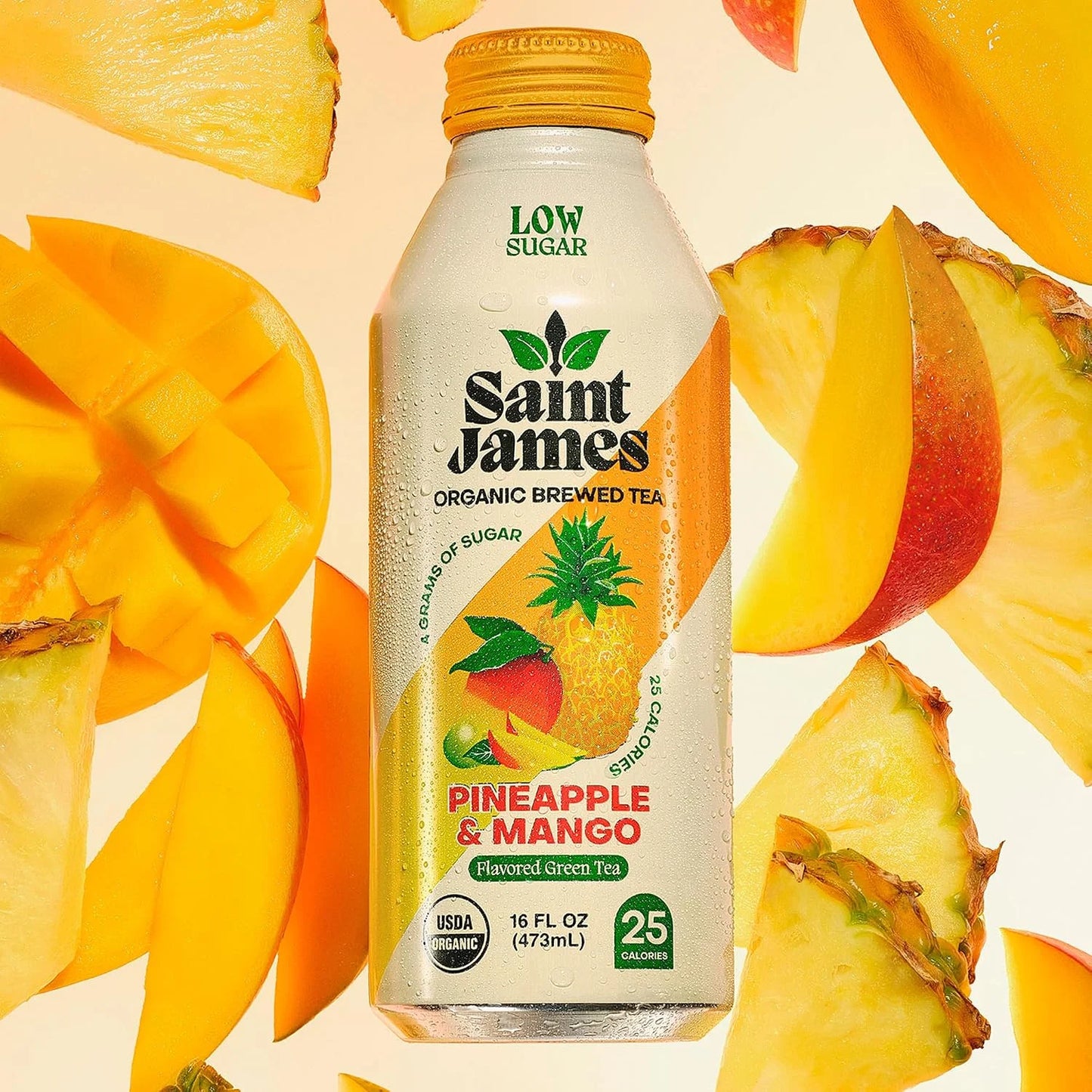 Saint James Pineapple & Mango Organic Green Tea, Low Sugar, 16 Oz, 12 Pack