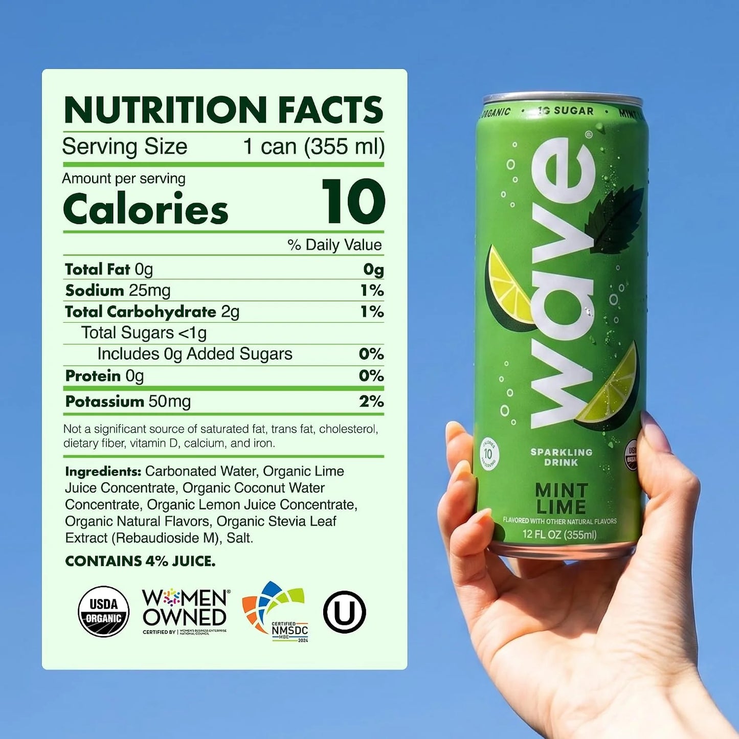WAVE Organic Sparkling Drink, Soda Alternative, Mint Lime