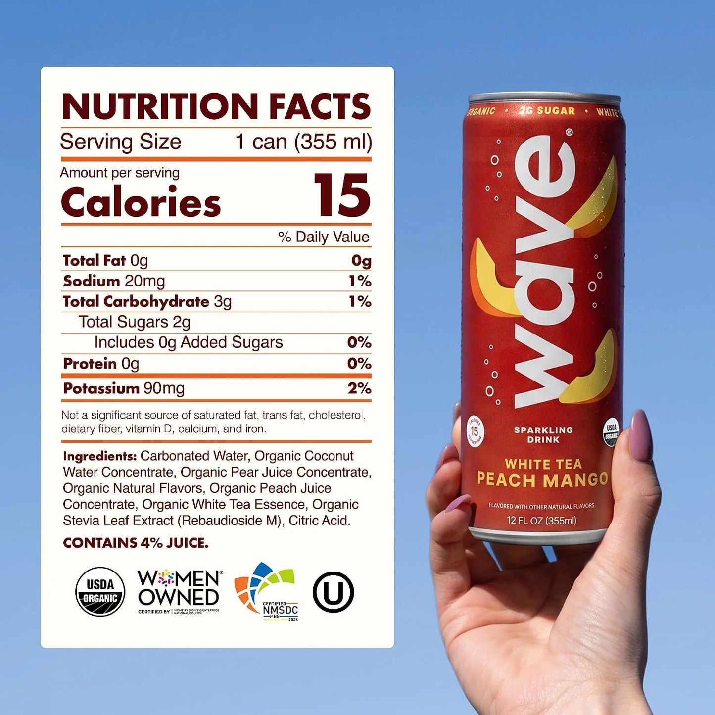 WAVE Organic Sparkling Drink, Soda Alternative, White Tea Peach Mango