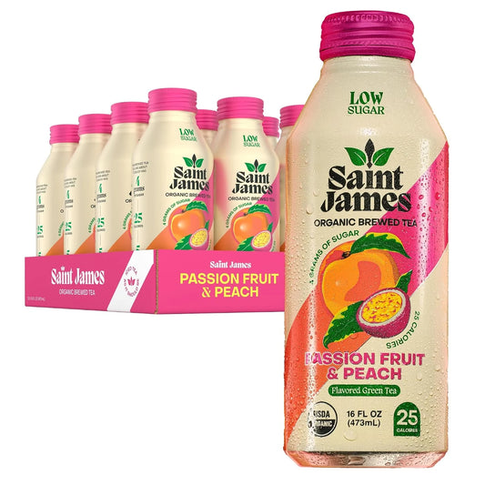 Saint James Passion Fruit & Peach Organic Green Tea, 16 Oz, 12 Pack