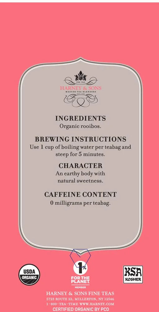 Harney & Sons Premium Tea, Organic Rooibos Herbal Tea, Individually Wrapped Tea Bags, 20/box