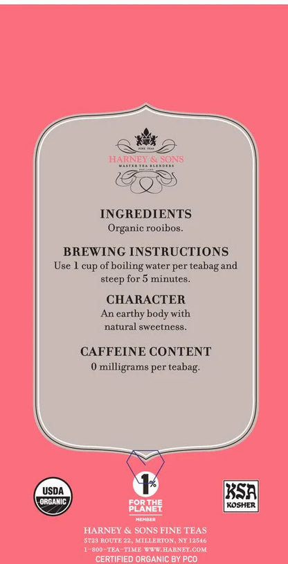 Harney & Sons Premium Tea, Organic Rooibos Herbal Tea, Individually Wrapped Tea Bags, 20/box