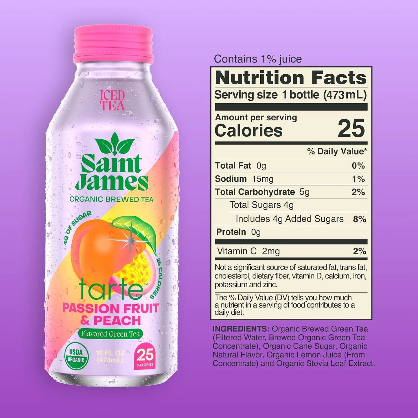 Saint James x Tarte Passion Fruit & Peach Organic Green Tea, 16 Oz, 12 Pack