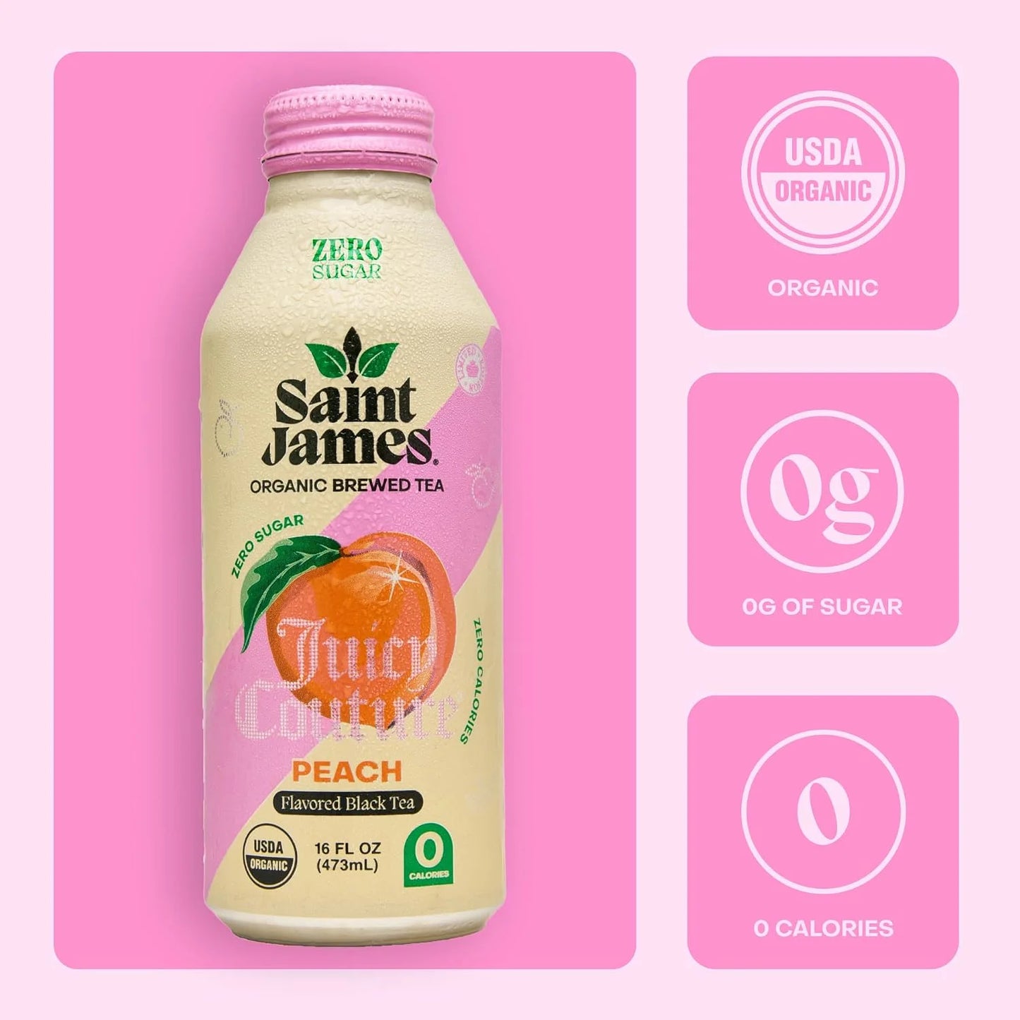 Saint James x Juicy Couture Juicy Peach Organic Black Tea, 16 Oz, 12 Pack