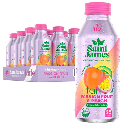Saint James x Tarte Passion Fruit & Peach Organic Green Tea, 16 Oz, 12 Pack