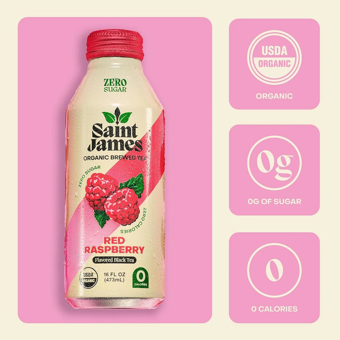 Saint James Iced Tea Organic Black Tea, Red Raspberry, 12 Pack