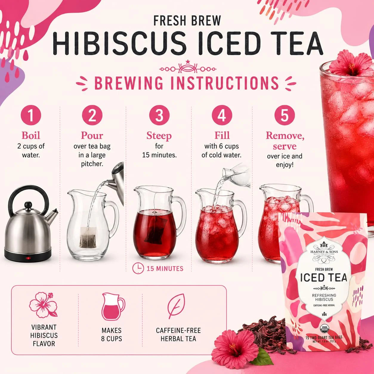 Harney & Sons Fresh Brew Hibiscus Herbal Iced Tea, 15 Tea Bags
