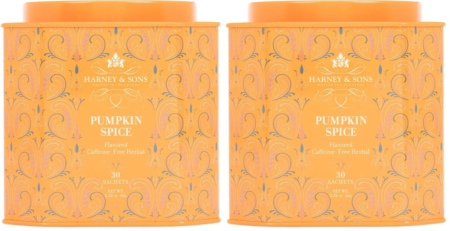 Harney & Sons Pumpkin Spice 30ct sachet tin, a Caffeine-Free Pumpkin Spice Blend (Pack of 2)