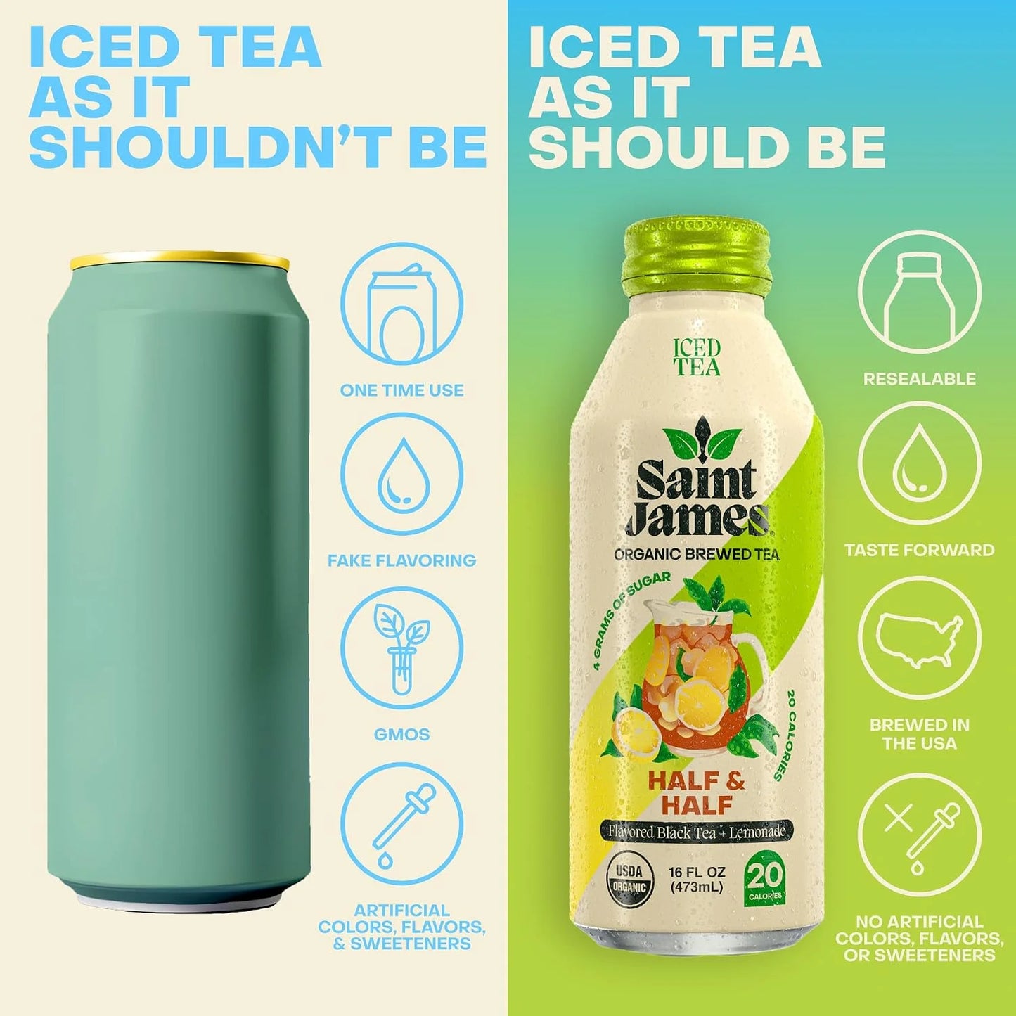 Saint James Iced Tea Organic Black Tea & Lemonade, Half & Half, 12 Pack
