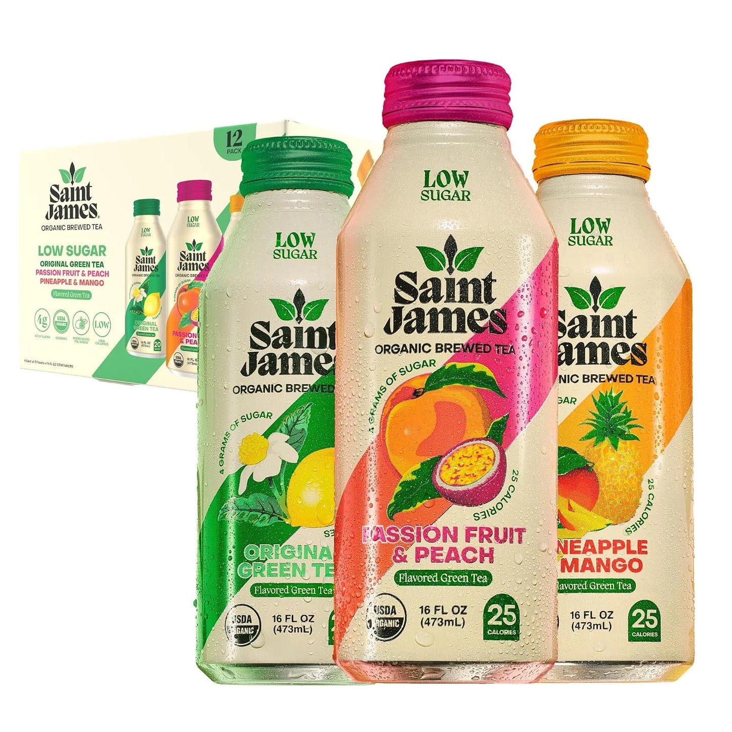 Saint James Organic Green Tea Variety, Low Sugar, 16 Oz, 12 Pack