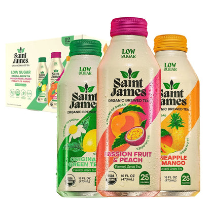 Saint James Organic Green Tea Variety, Low Sugar, 16 Oz, 12 Pack