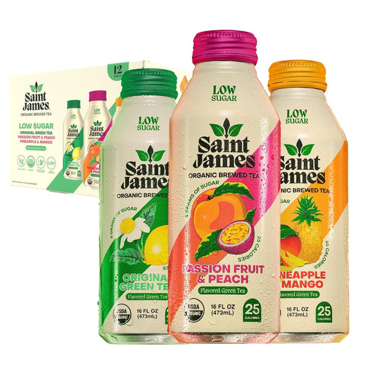 Saint James Organic Green Tea Variety, Low Sugar, 16 Oz, 12 Pack