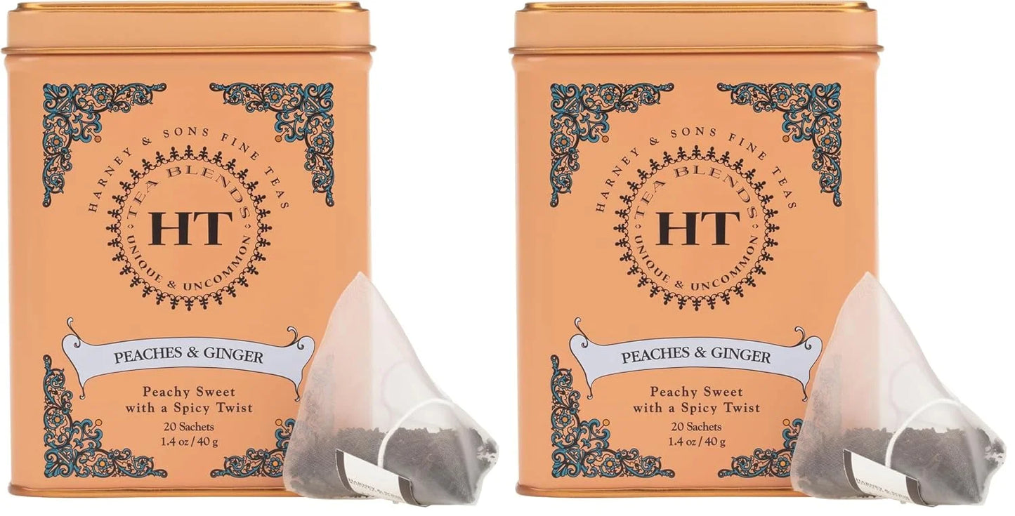 Harney & Sons Peaches & Ginger Black Tea, 20ct sachet tin (Pack of 2)