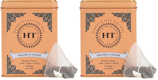 Harney & Sons Peaches & Ginger Black Tea, 20ct sachet tin (Pack of 2)