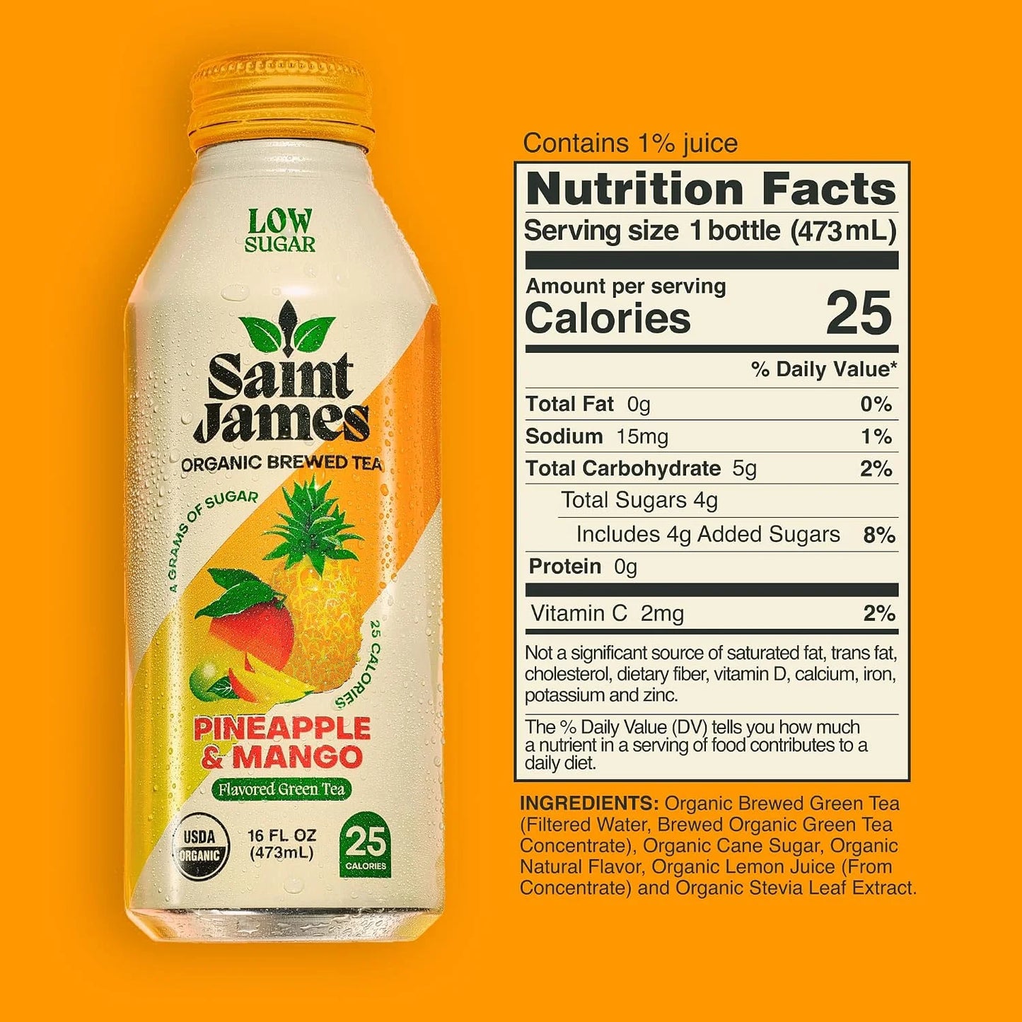 Saint James Pineapple & Mango Organic Green Tea, Low Sugar, 16 Oz, 12 Pack