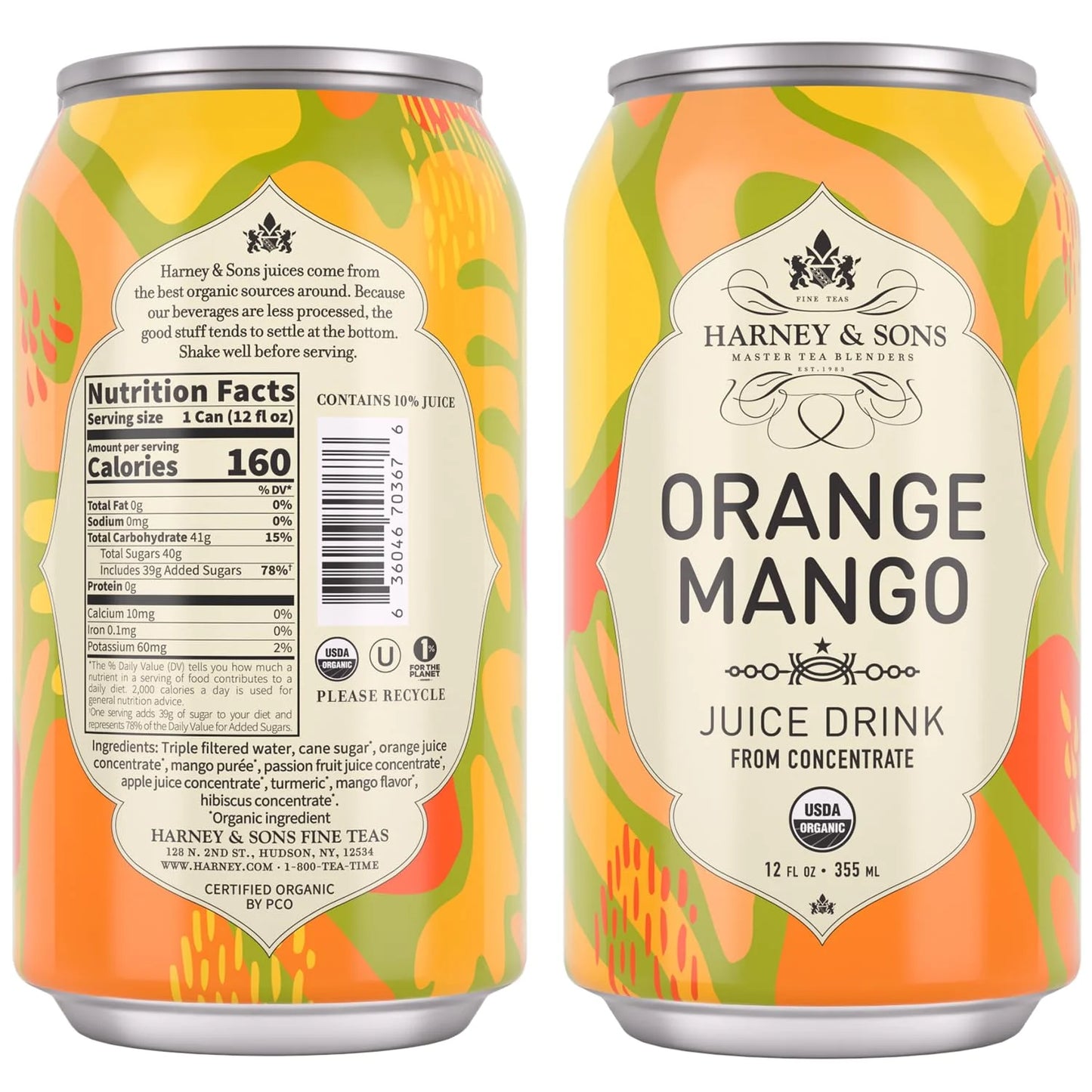 Harney & Sons Organic Orange Mango Juice Drink, 12 Cans, 12 oz