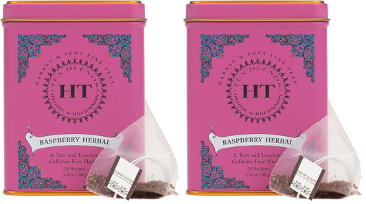 Harney & Sons HT Raspberry Herbal Tea, Caffeine Free, 20 Sachets Tin (Pack of 2)