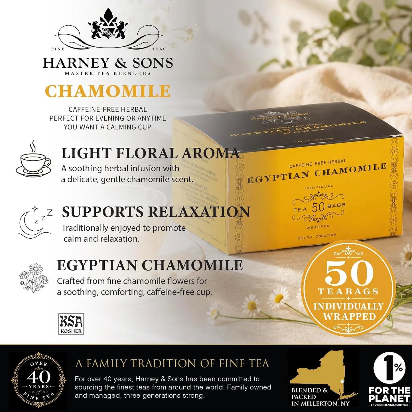 Harney & Sons Herbal Tea, Tea Bags, Chamomile, 50 Count